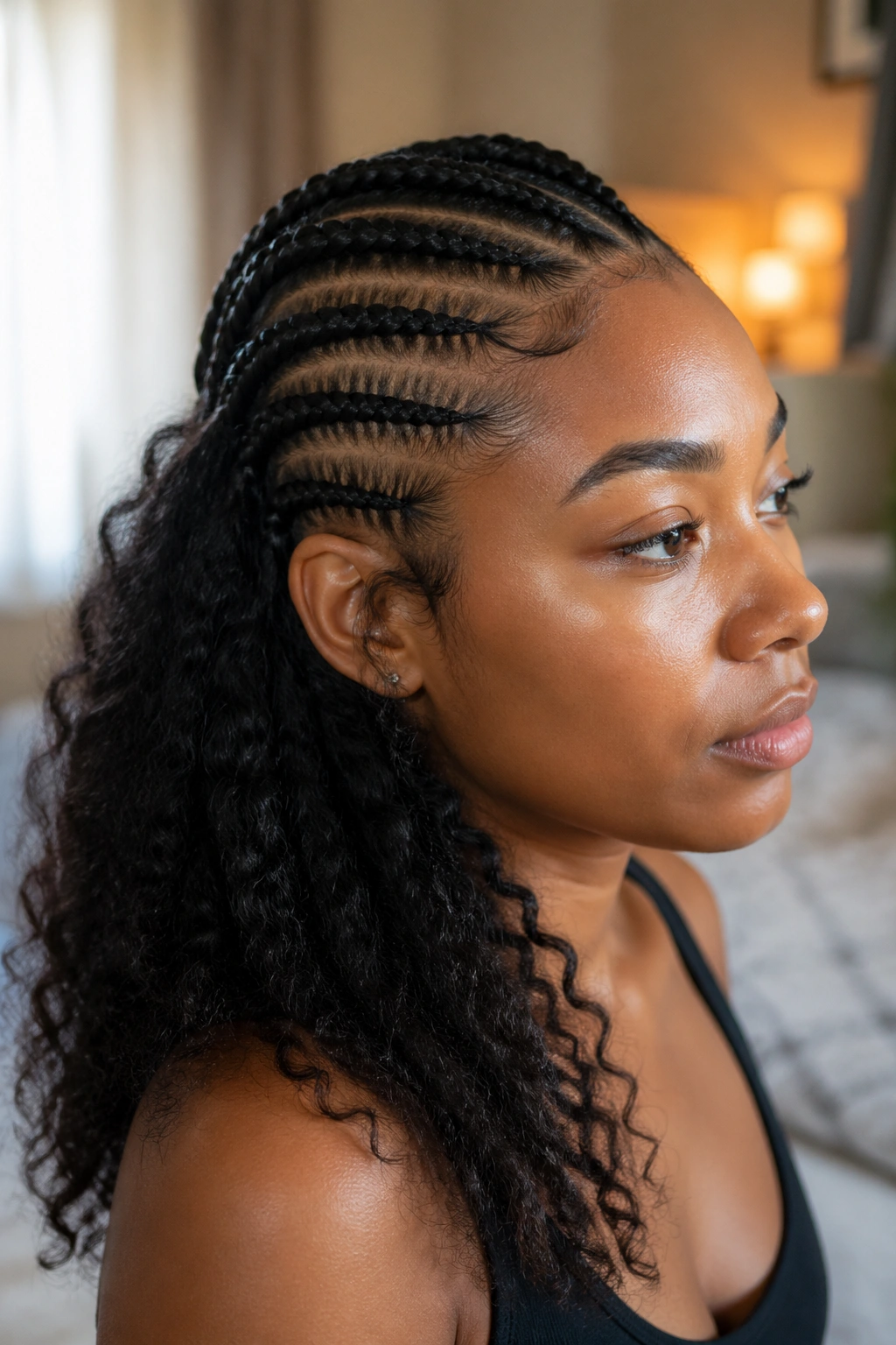 Close-up of a real Black woman with half cornrows atop and loose hair below.