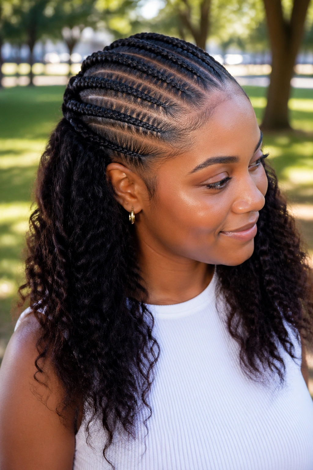 Close-up of real woman with half cornrows on crown and loose hair in park