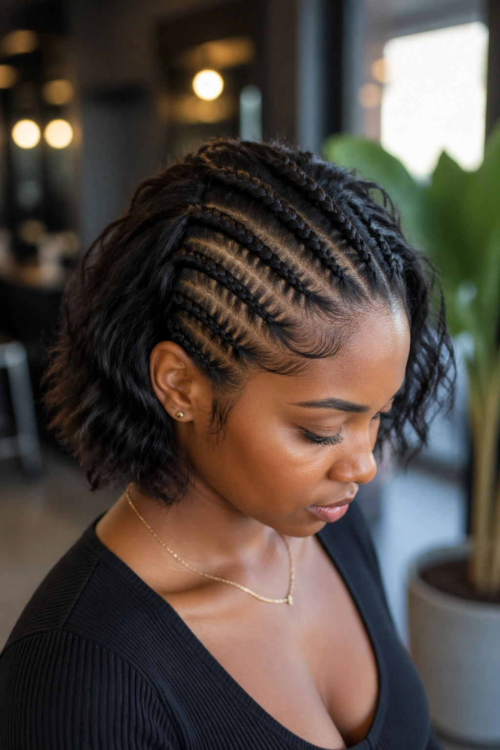Close-up portrait of woman with half cornrows on short hair in a salon