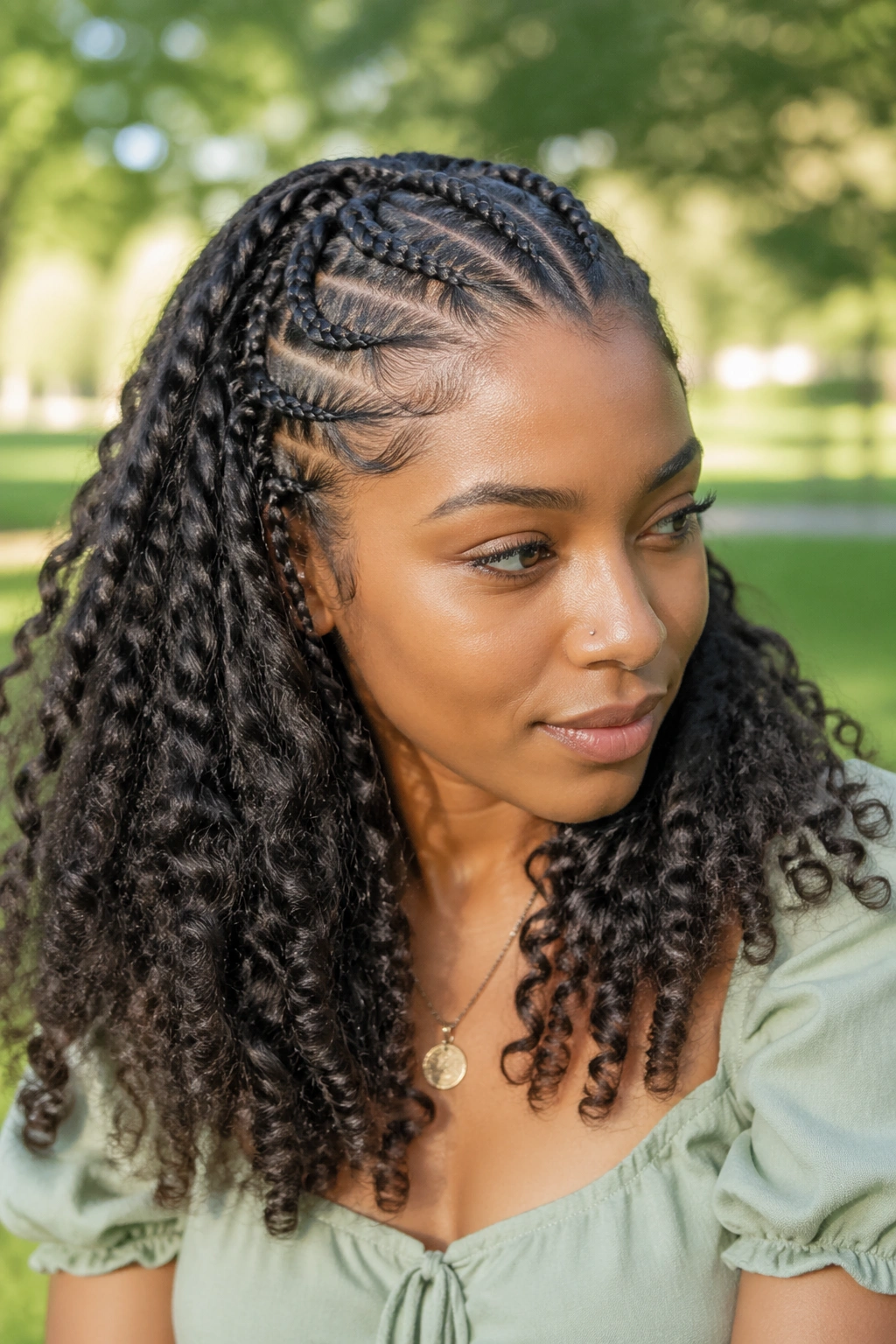 Real woman with half cornrows and twist-out bottom waves in a park setting