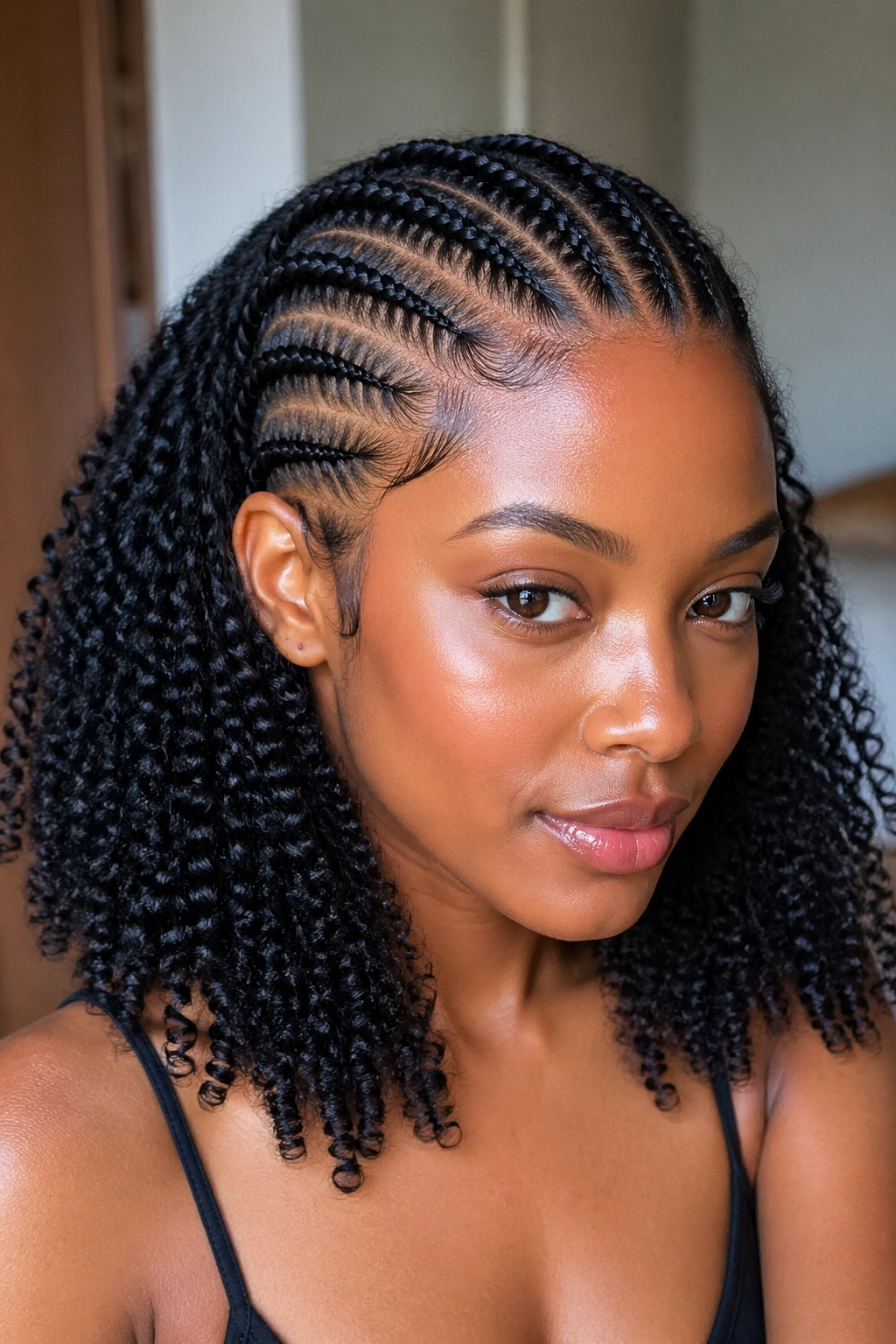 Real woman with crown cornrows and wash-and-go bottom portrait