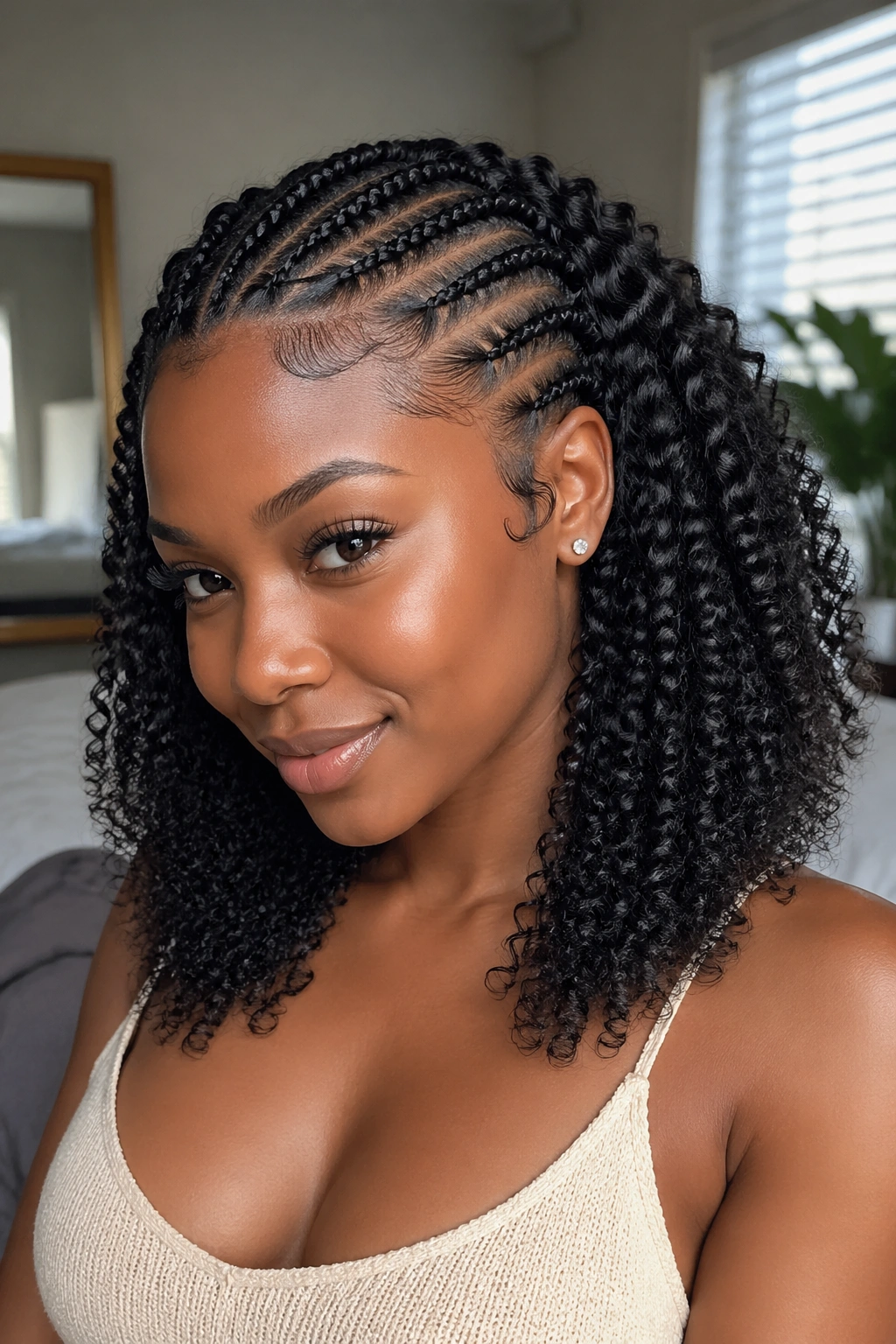 Close-up of half cornrows with loose wash-and-go curls.