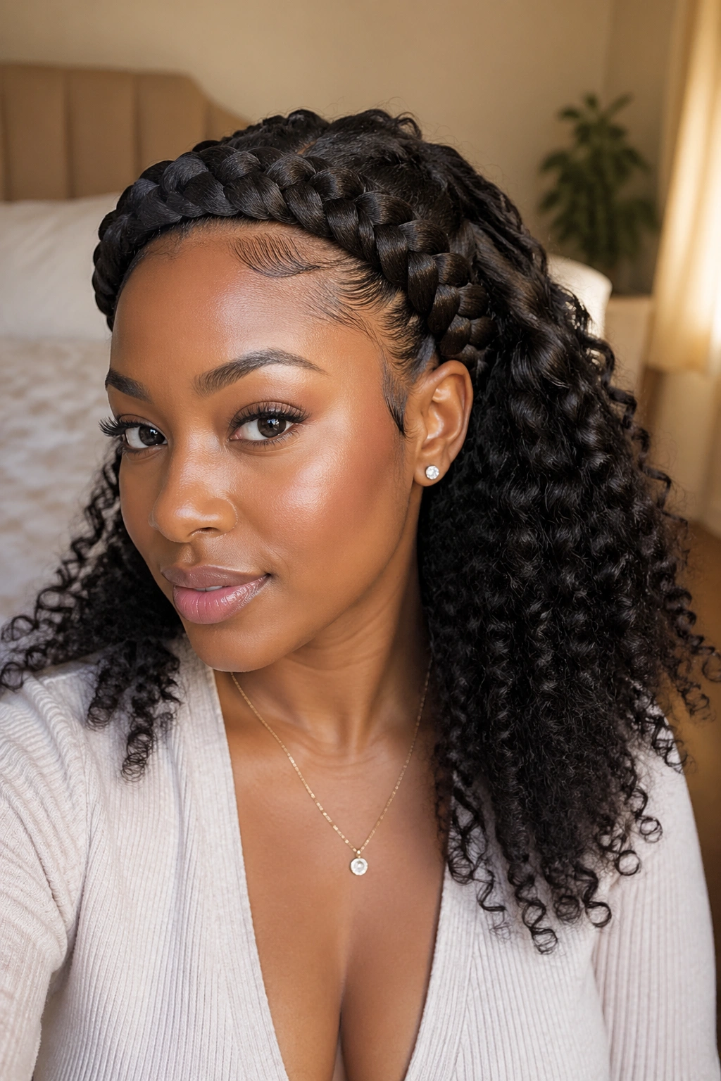Close-up portrait of a real woman with a single front headband braid and cascading curls behind