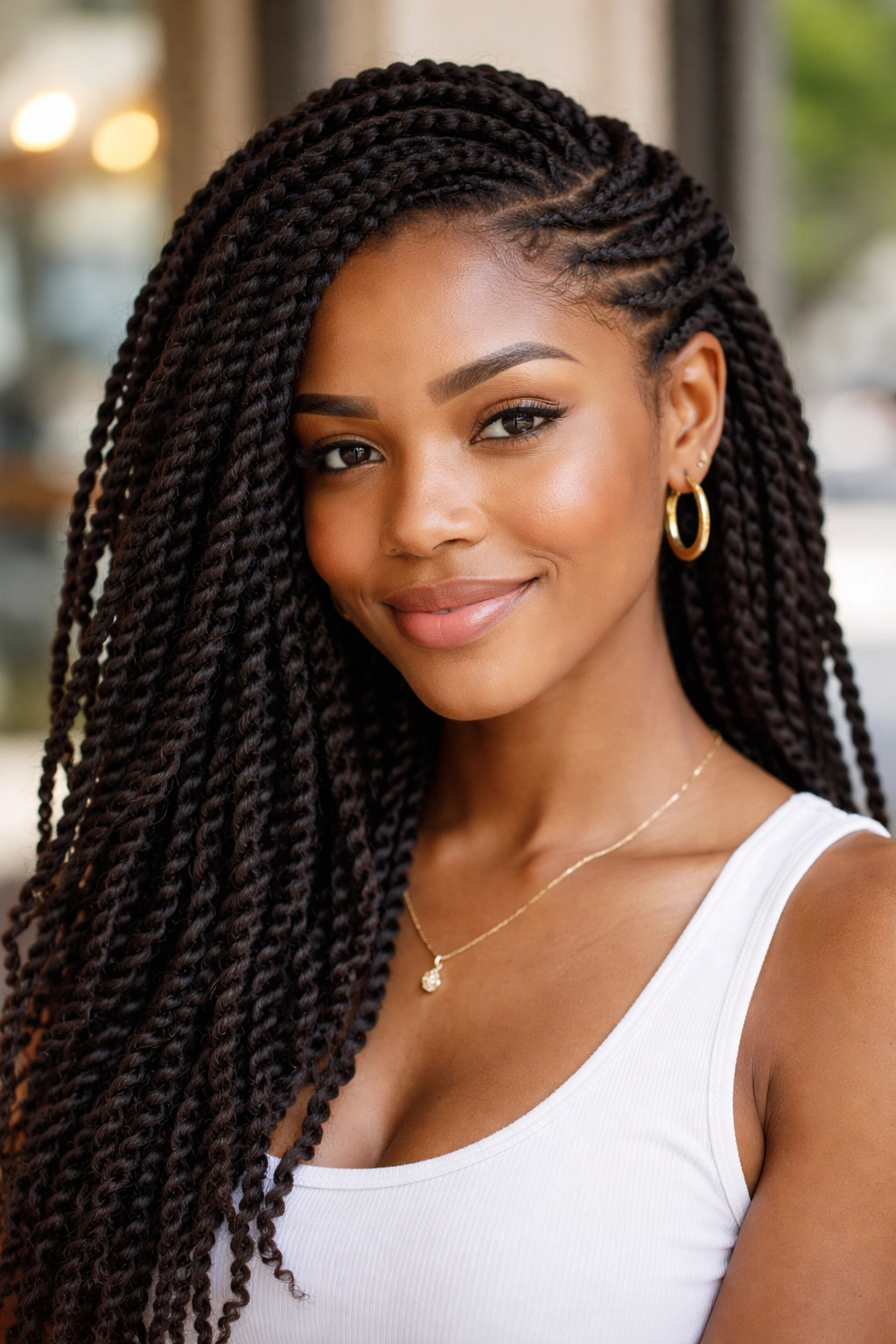 Close-up portrait of a real person wearing half-crown kinky twists with one side swept and pinned