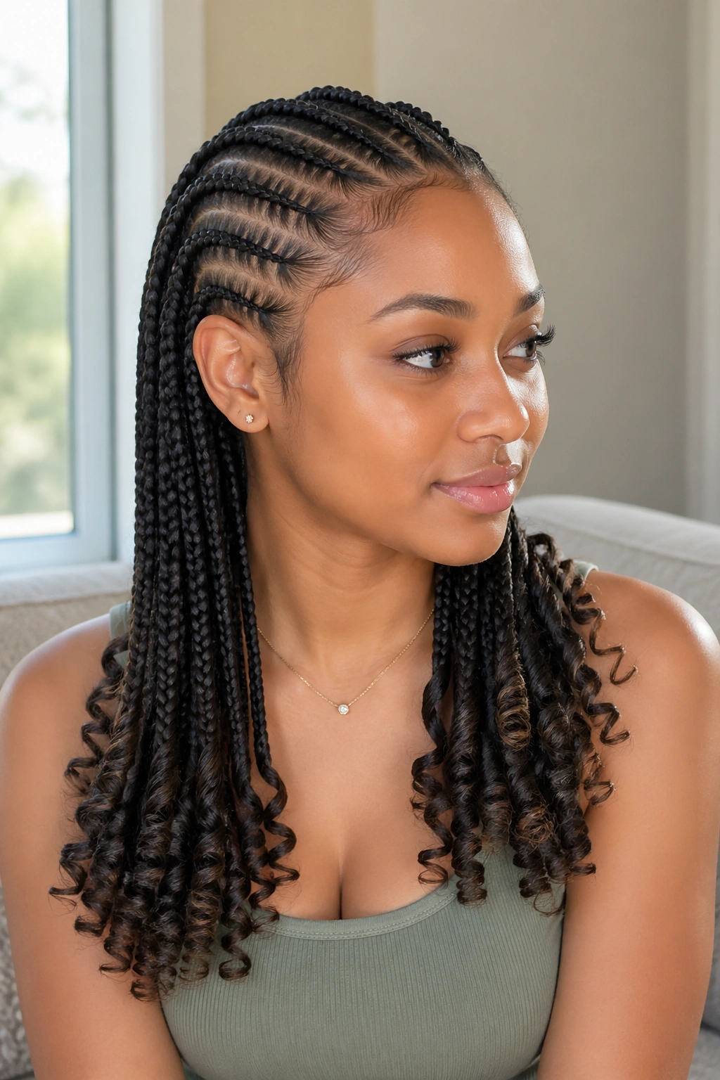 Close-up of real woman's hair with half-curled ends on feed-in cornrows