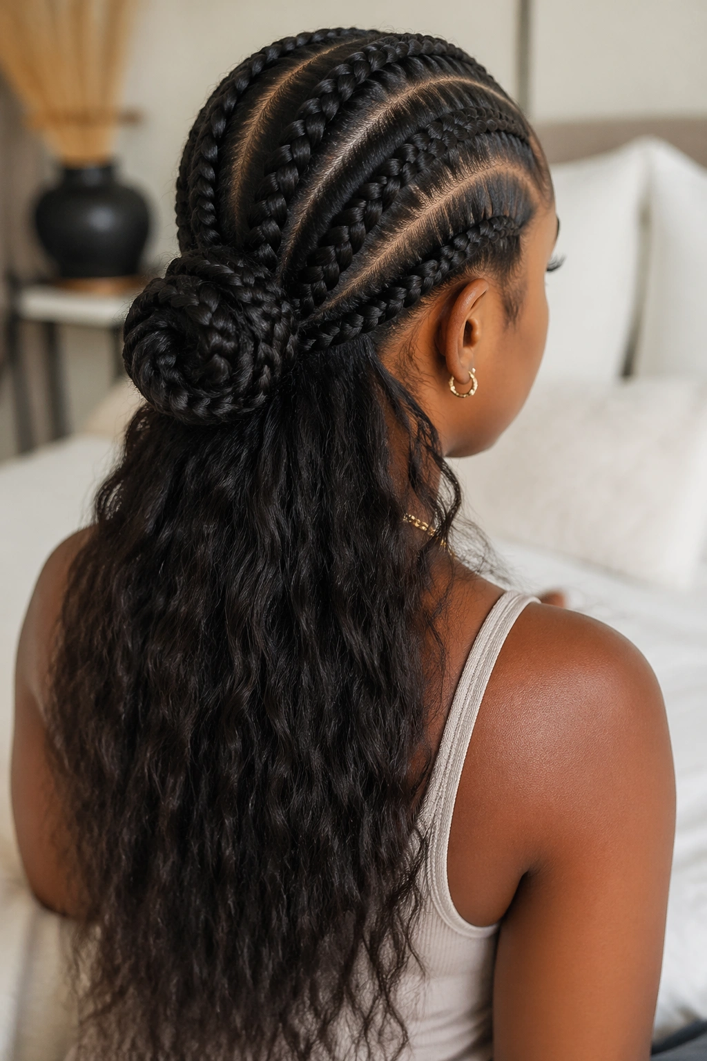 Rear view of a woman with a half-down bun created from four cornrows and loose hair behind.