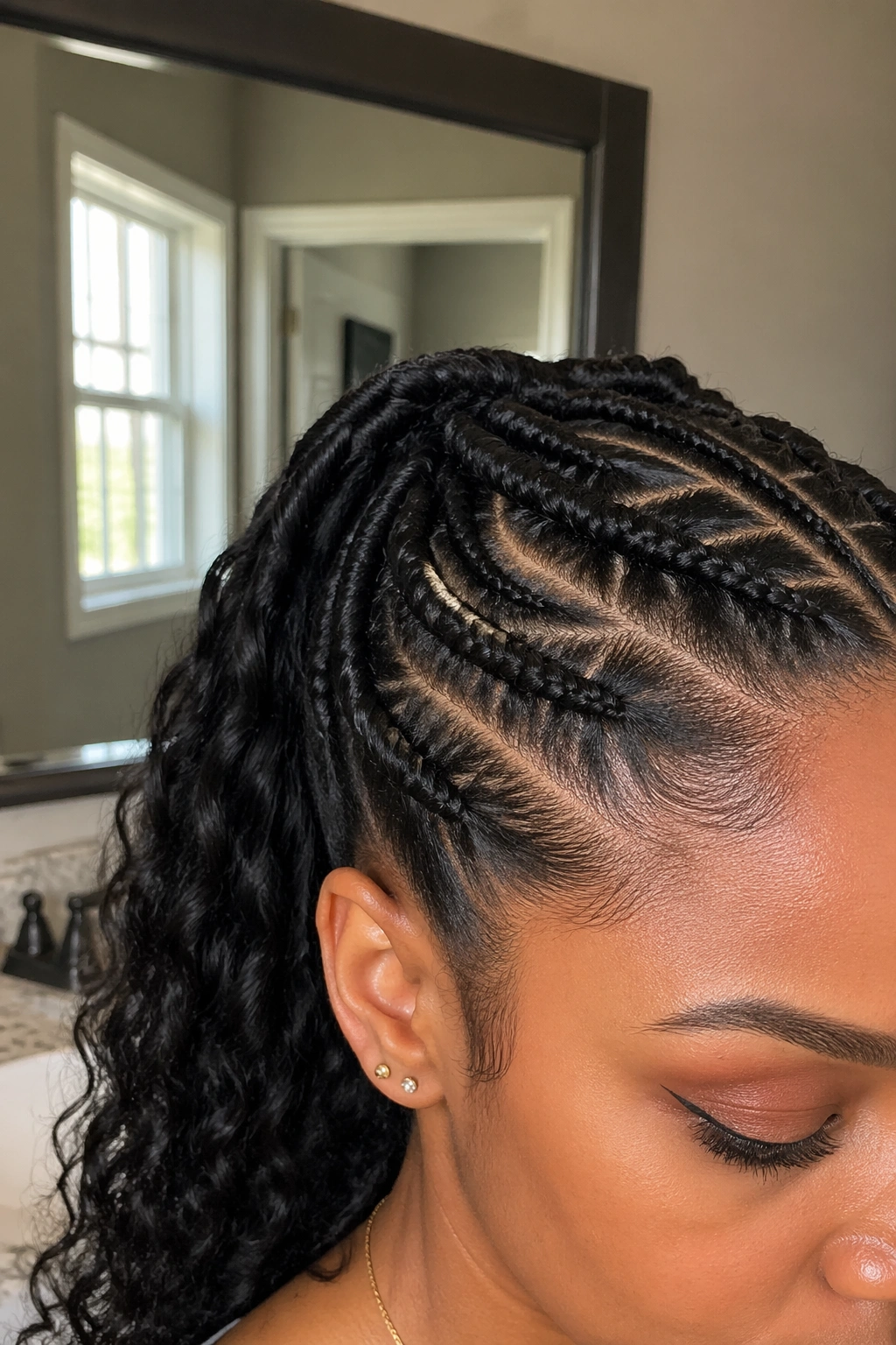 Close-up of front twists feeding into a mid ponytail with crown detail.