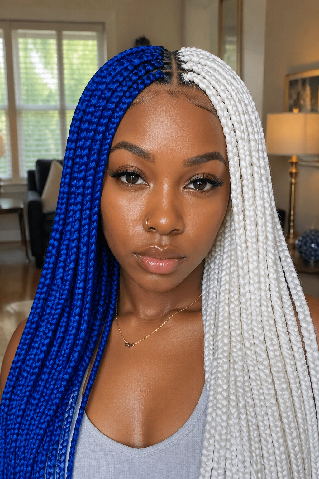 Close-up portrait of a real woman with half-blue, half-white box braids and a crisp center part