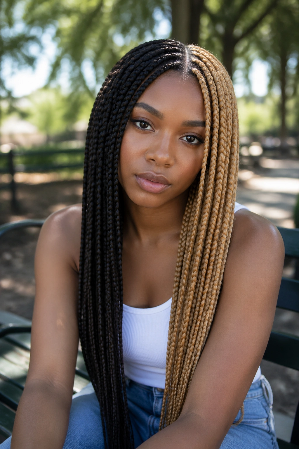 Real person with half-and-half split color box braids in outdoor daylight.