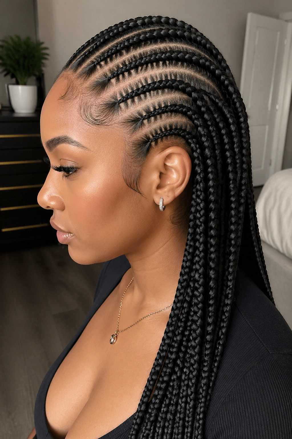 Portrait of a woman with half-head cornrows and half-head box braids showing the crown transition