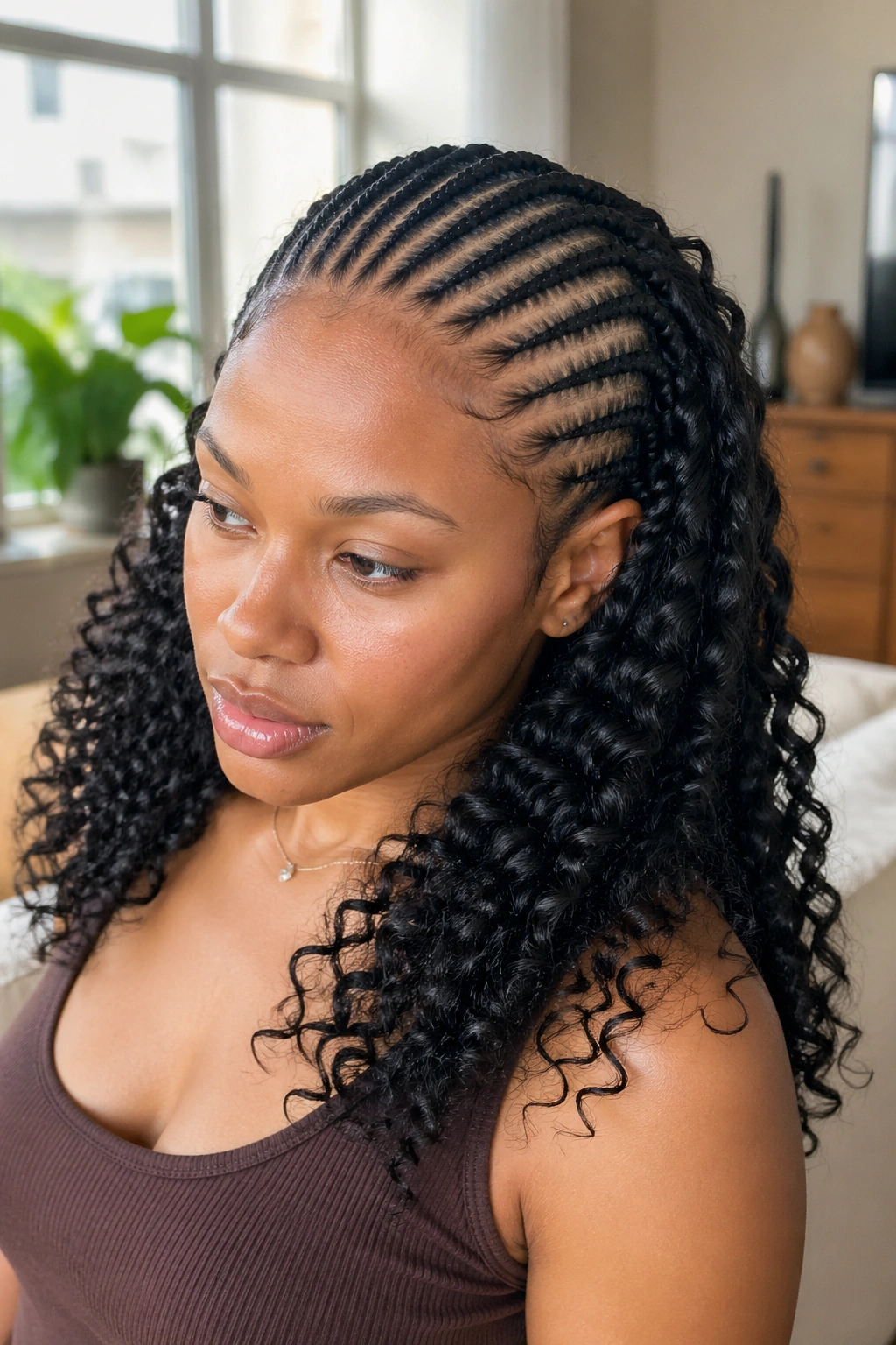 Real person close-up with half-head cornrows and full curls
