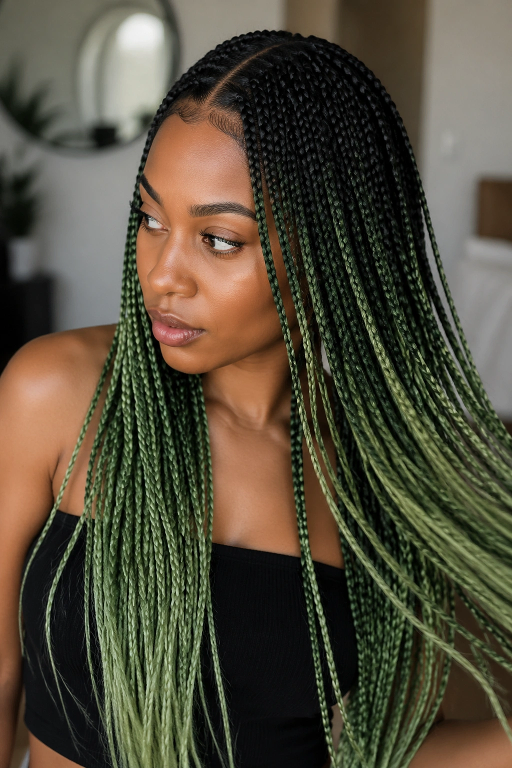 Portrait showing half-head green ombré box braids with dark top and green bottom