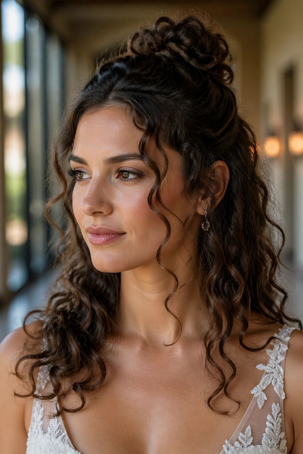 Bride with a tousled half knot and spirals framing the face