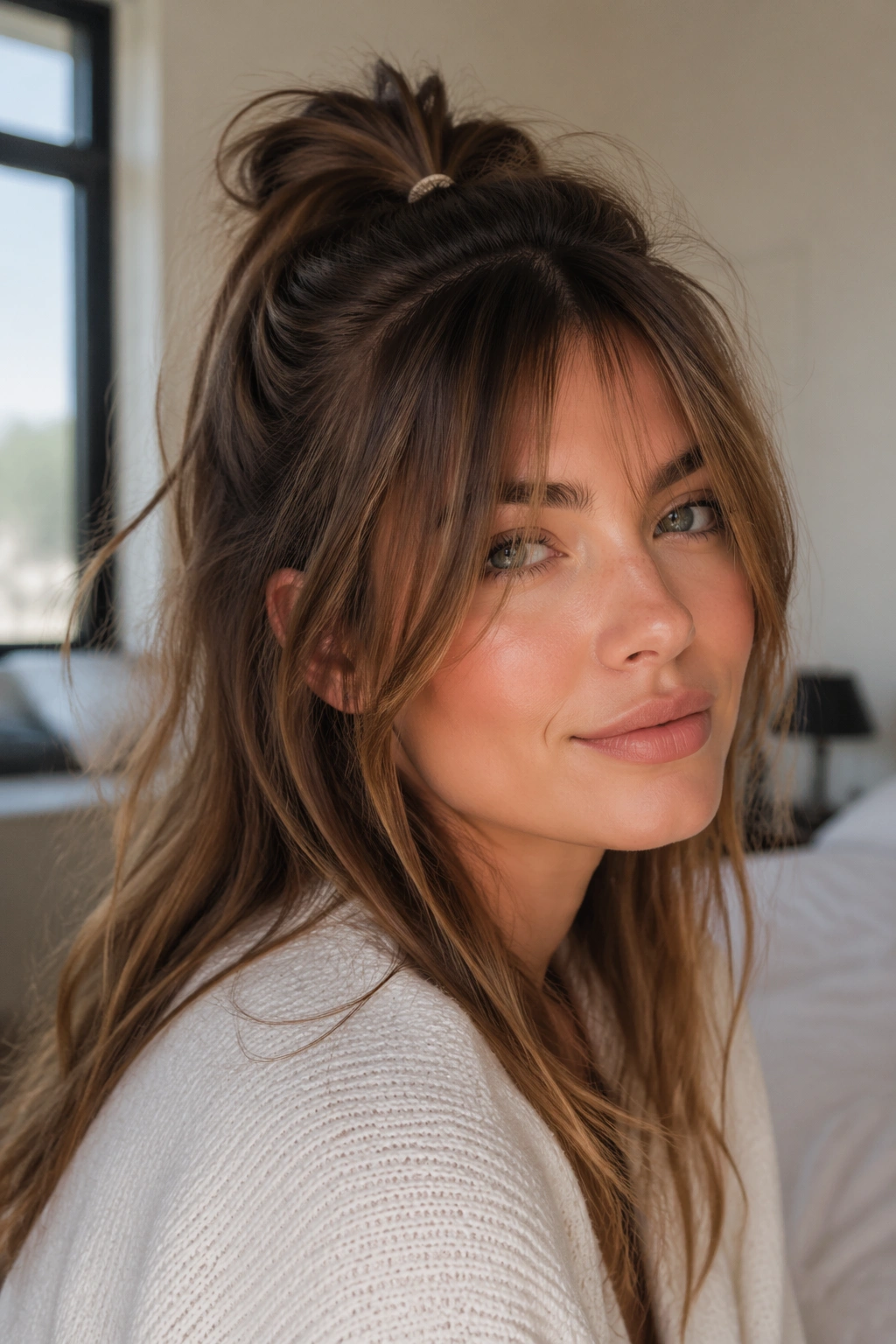 Close-up portrait of a real woman with a half-messy ponytail and long bangs