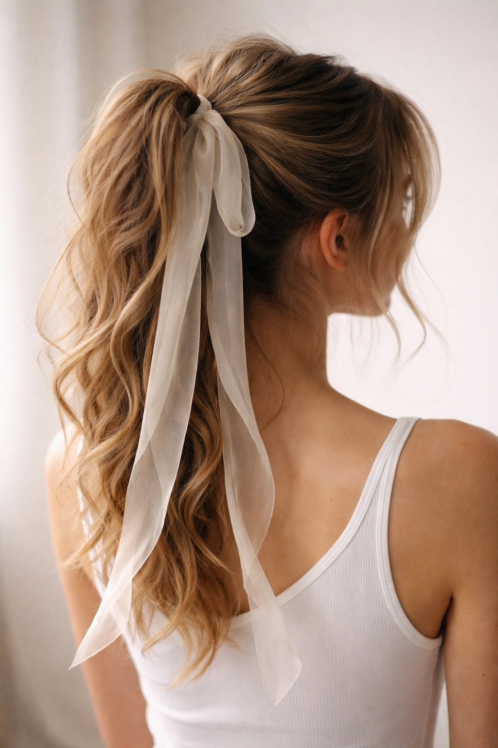 Half-messy ponytail with soft ribbon streamers
