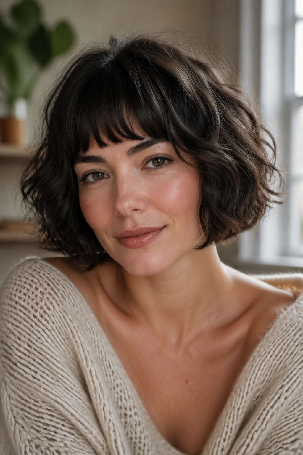 Real person with half-moon fringe bob in window-light room