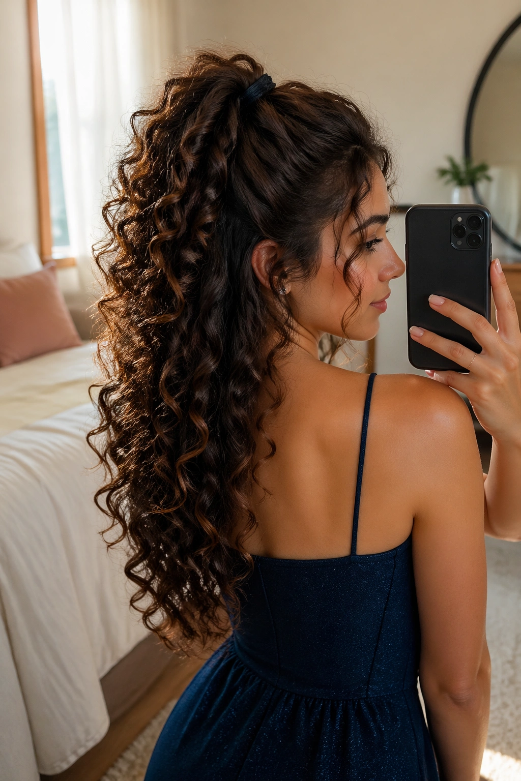 High curly half pony photographed in a mirror selfie.
