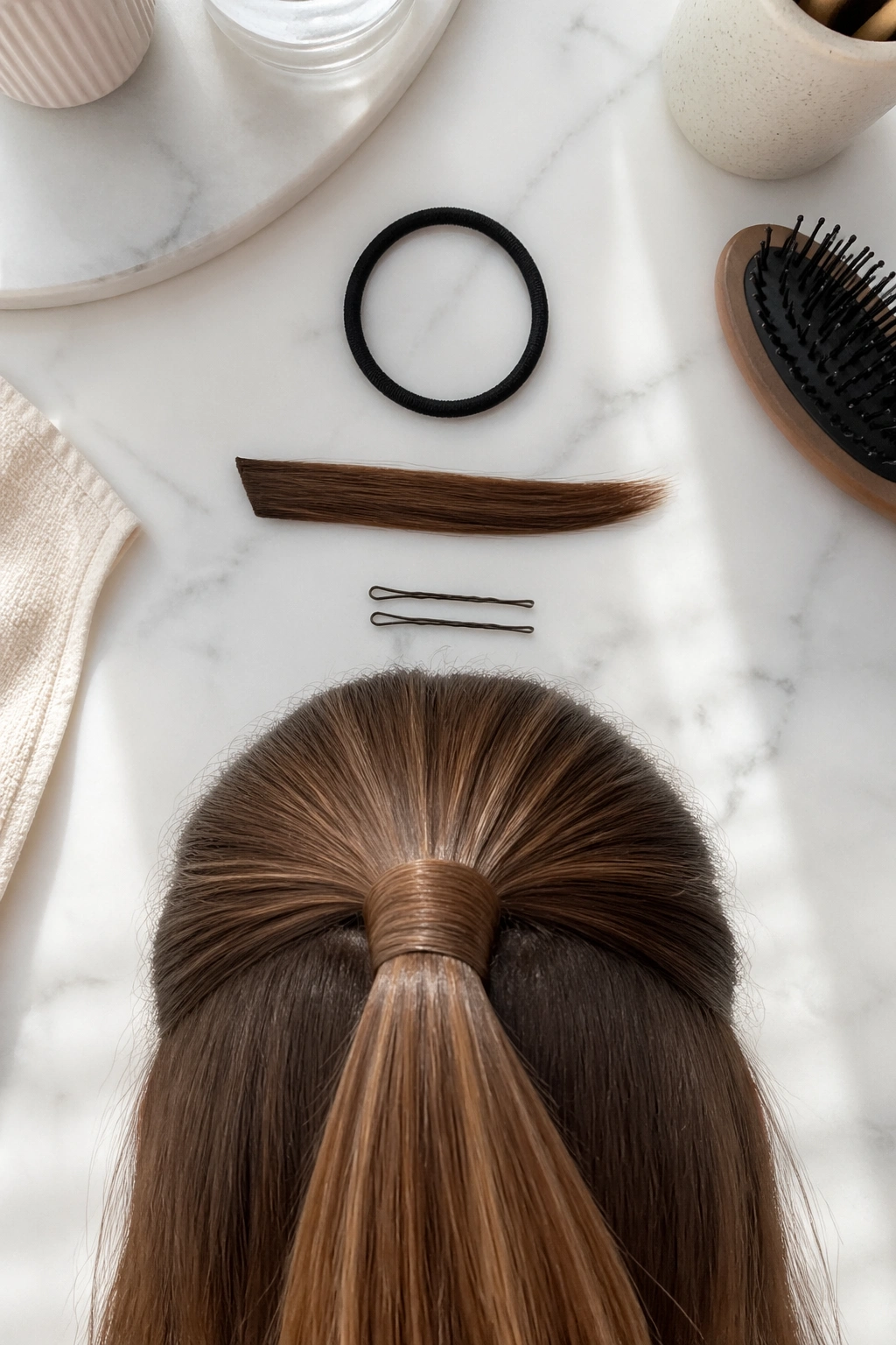 Overhead flat-lay of half pony with hair wrap tools and a hint of hair.