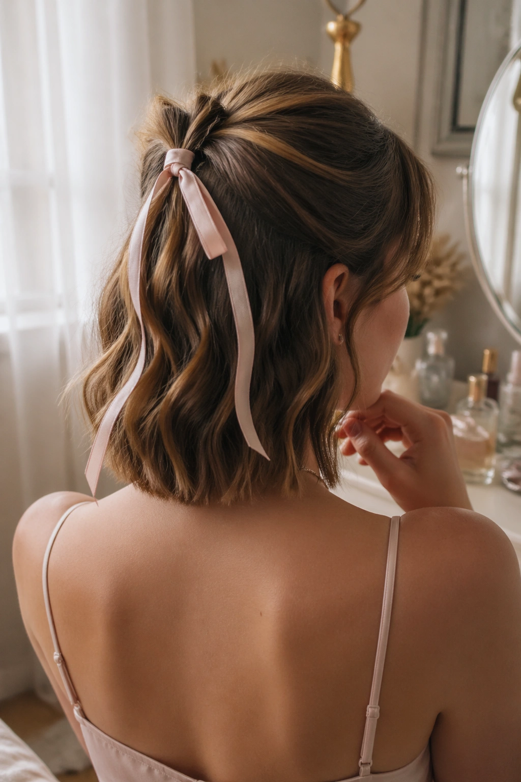 Over-the-shoulder view of ribbon-wrapped half pony with loose ends.