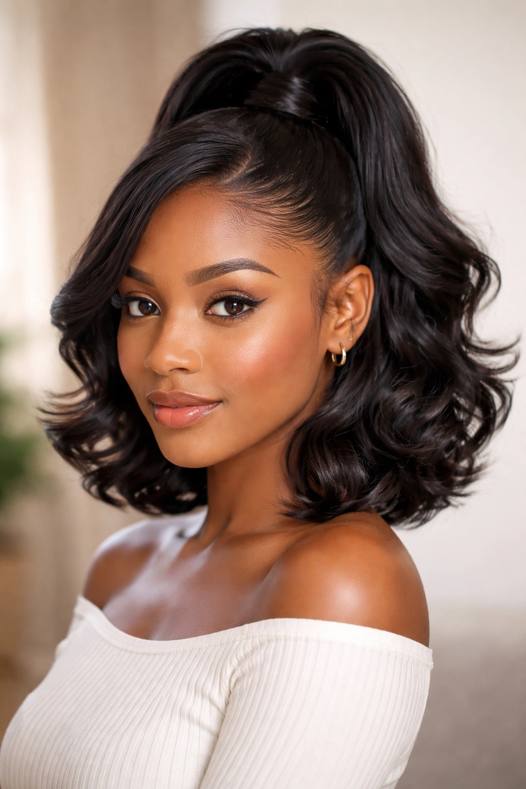 Close-up of half-up ponytail with wrapped base and curled tips