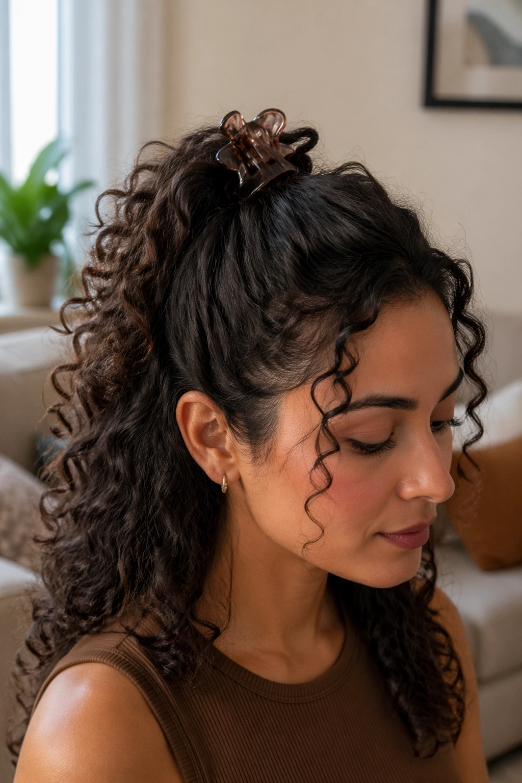Portrait of a real woman with half-up twisted pony and butterfly clip in a softly lit living room.
