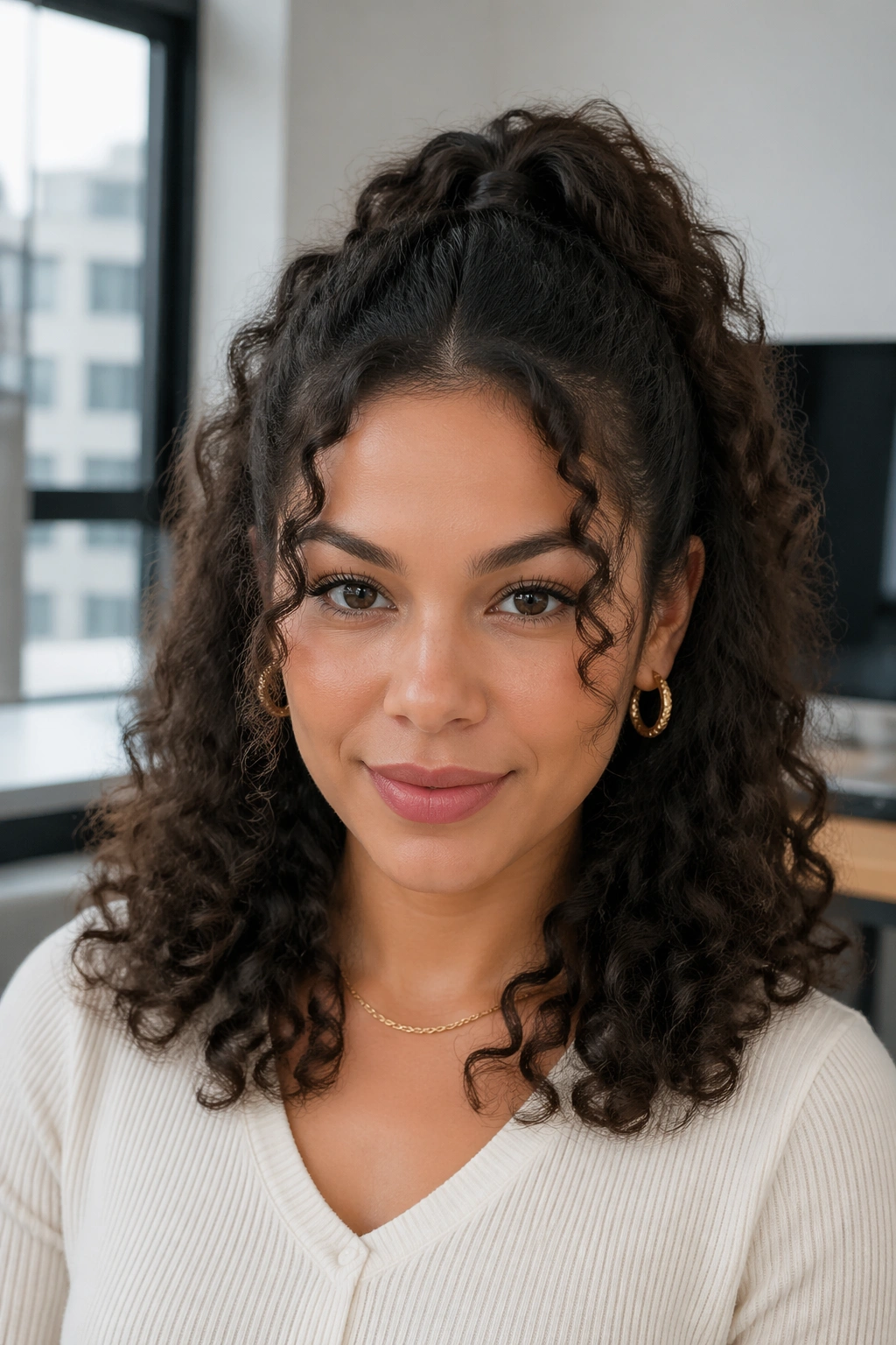 Close-up portrait of a real woman wearing a middle-part half ponytail with face-framing curls