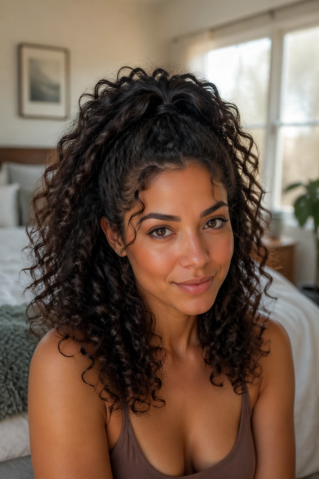Close-up portrait of a real woman with a classic high half ponytail for curly hair, crown lifted, curls flowing