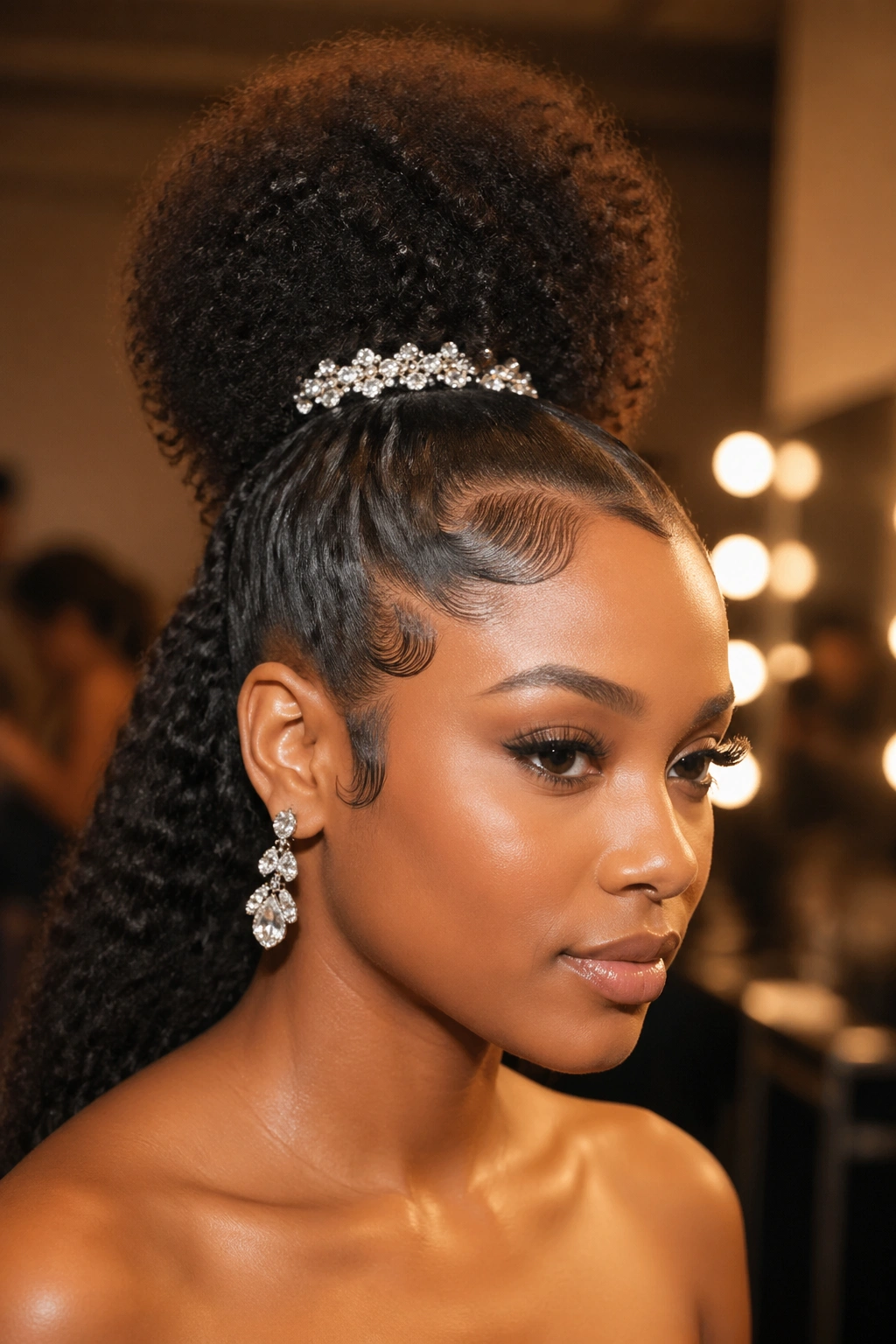 Real woman with a high half puff and crystal pins in a polished formal hairstyle