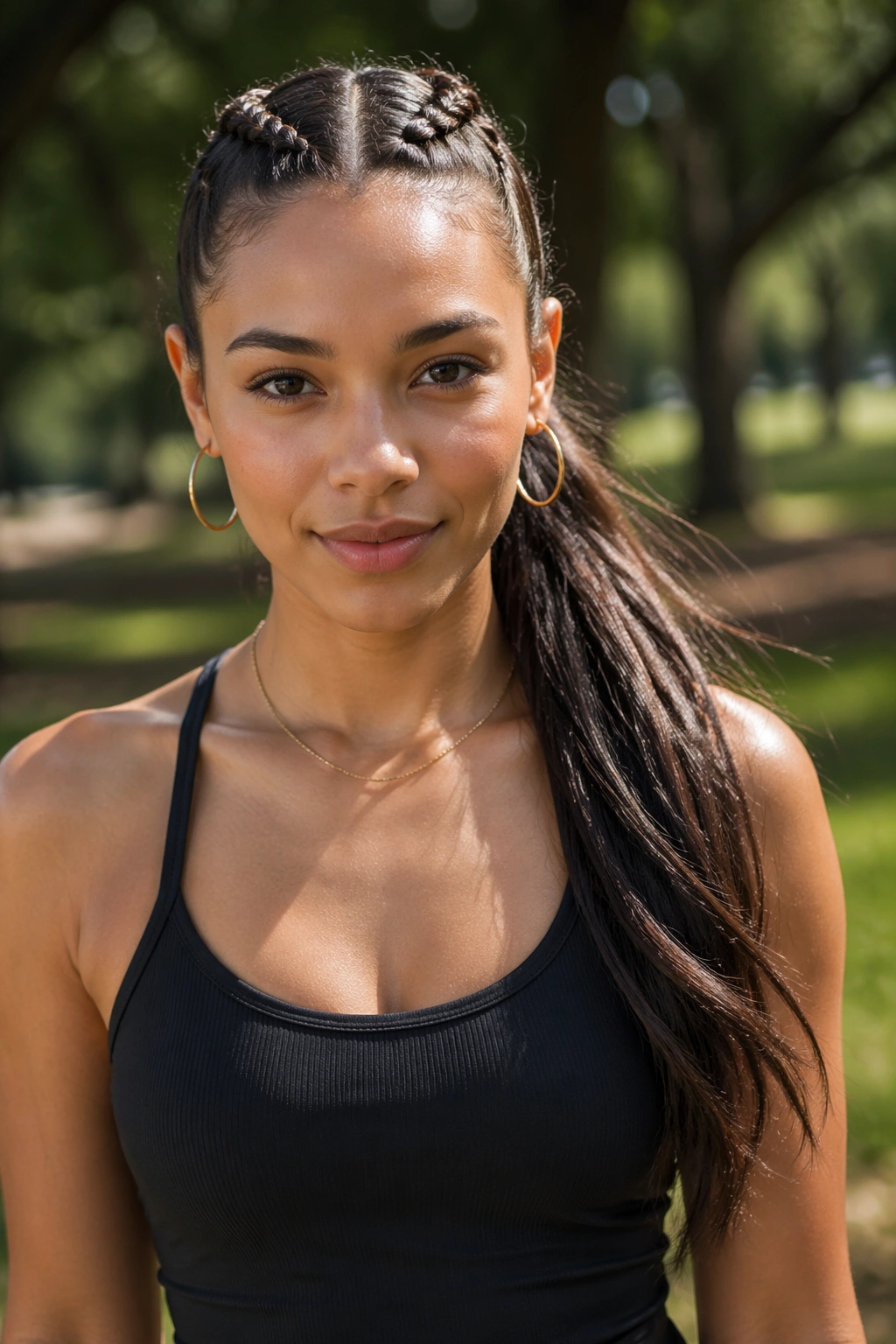 Front portrait of woman with half-scalp double braids and long ponytail in a park