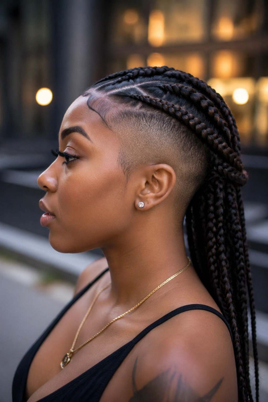 Side-profile of crochet cornrows with half-shaved sides in urban setting