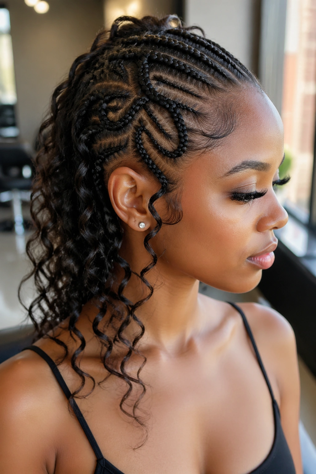 Close-up portrait of a real woman with half-side butterfly and sleek cornrows in a sunlit salon