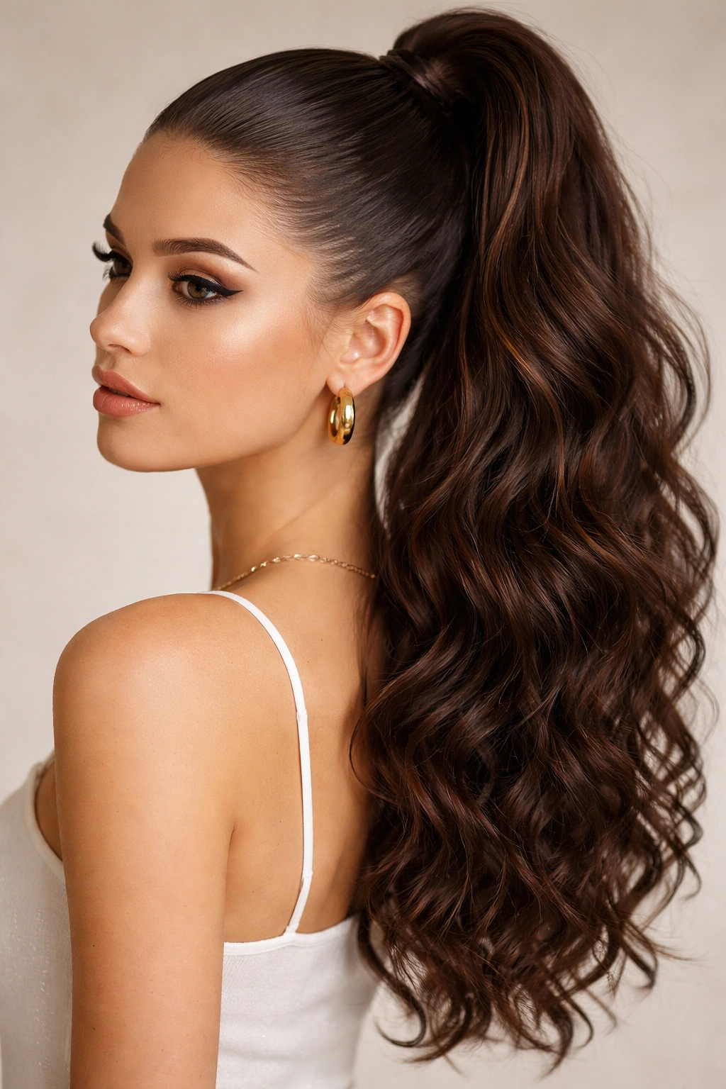High ponytail with glossy roots and wavy ponytail
