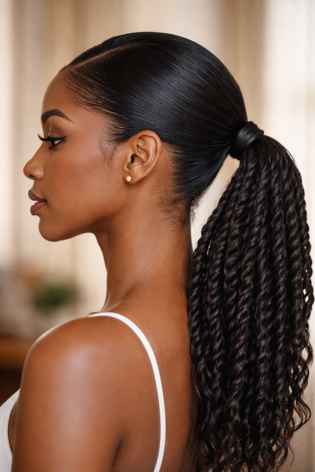 Profile view of Half-Sleek Low Ponytail With Twists showing sleek crown and textured tail