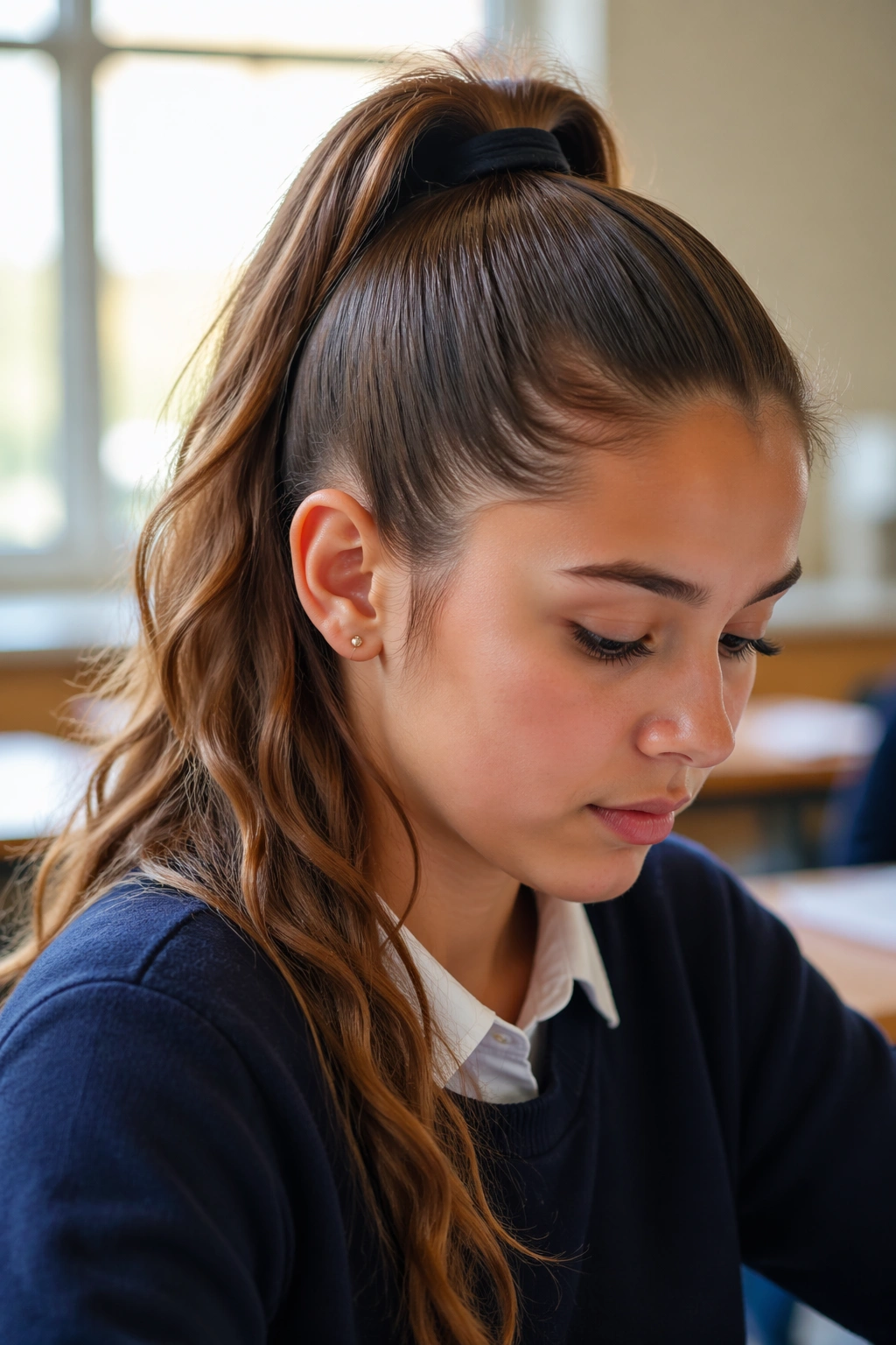 Portrait of a student with a half-slicked high ponytail front
