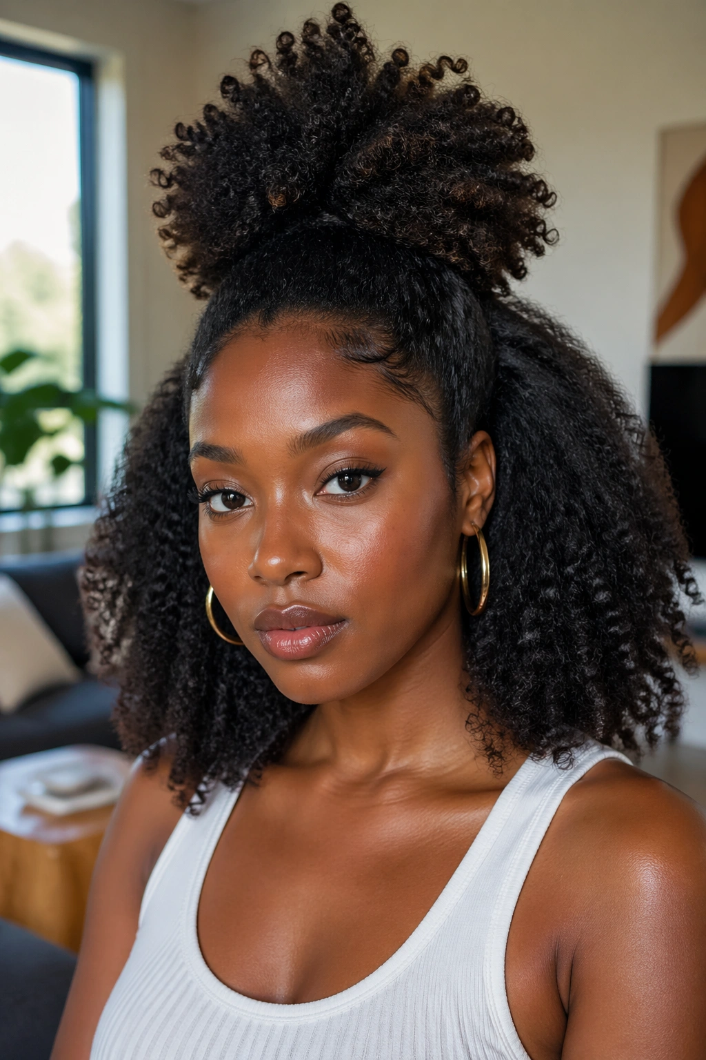 Portrait of a woman with half up crown puff and half down afro.