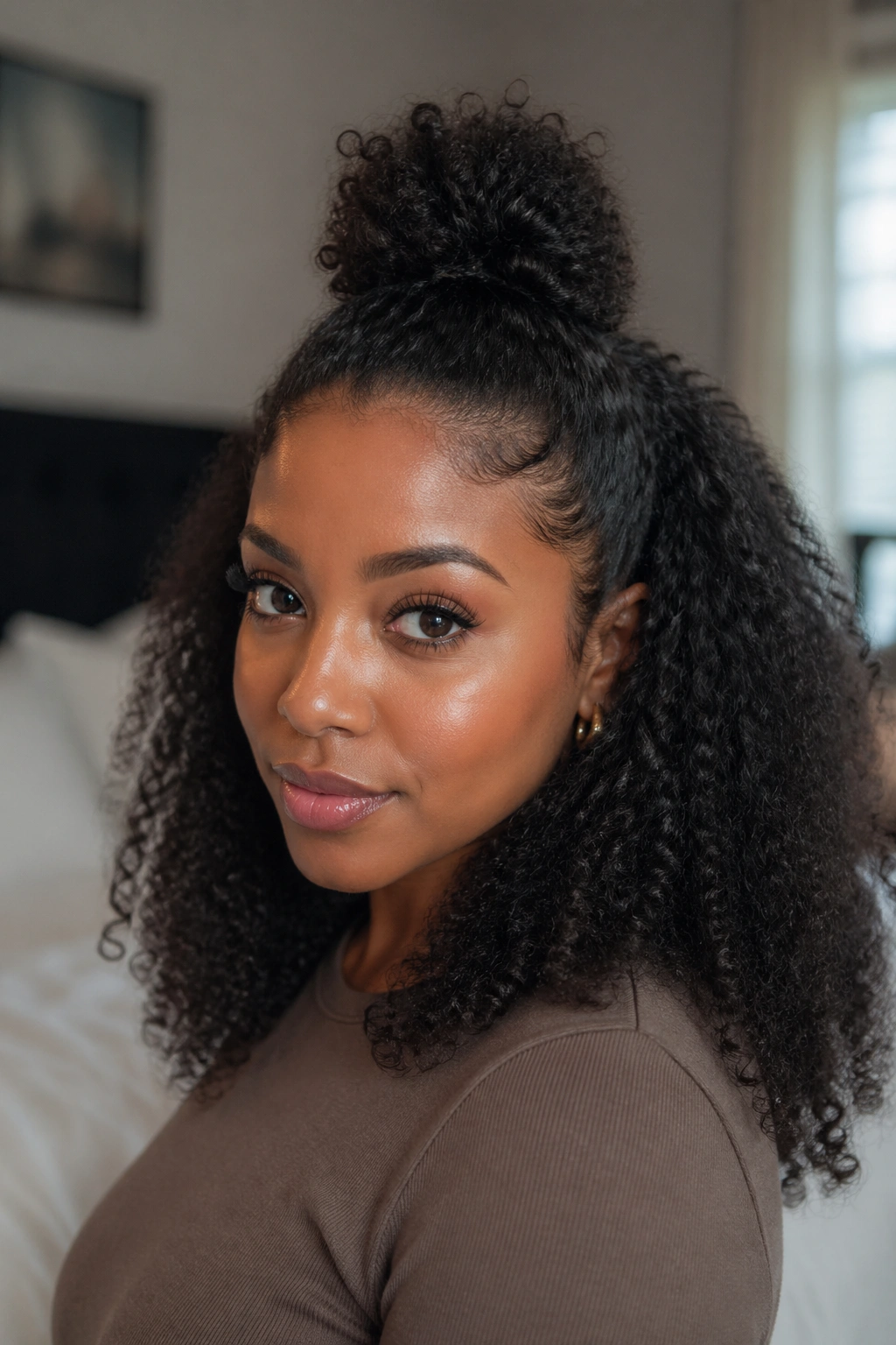 Close-up portrait of a person showing a half-up hairstyle with top puff and loose bottom in a softly lit bedroom.