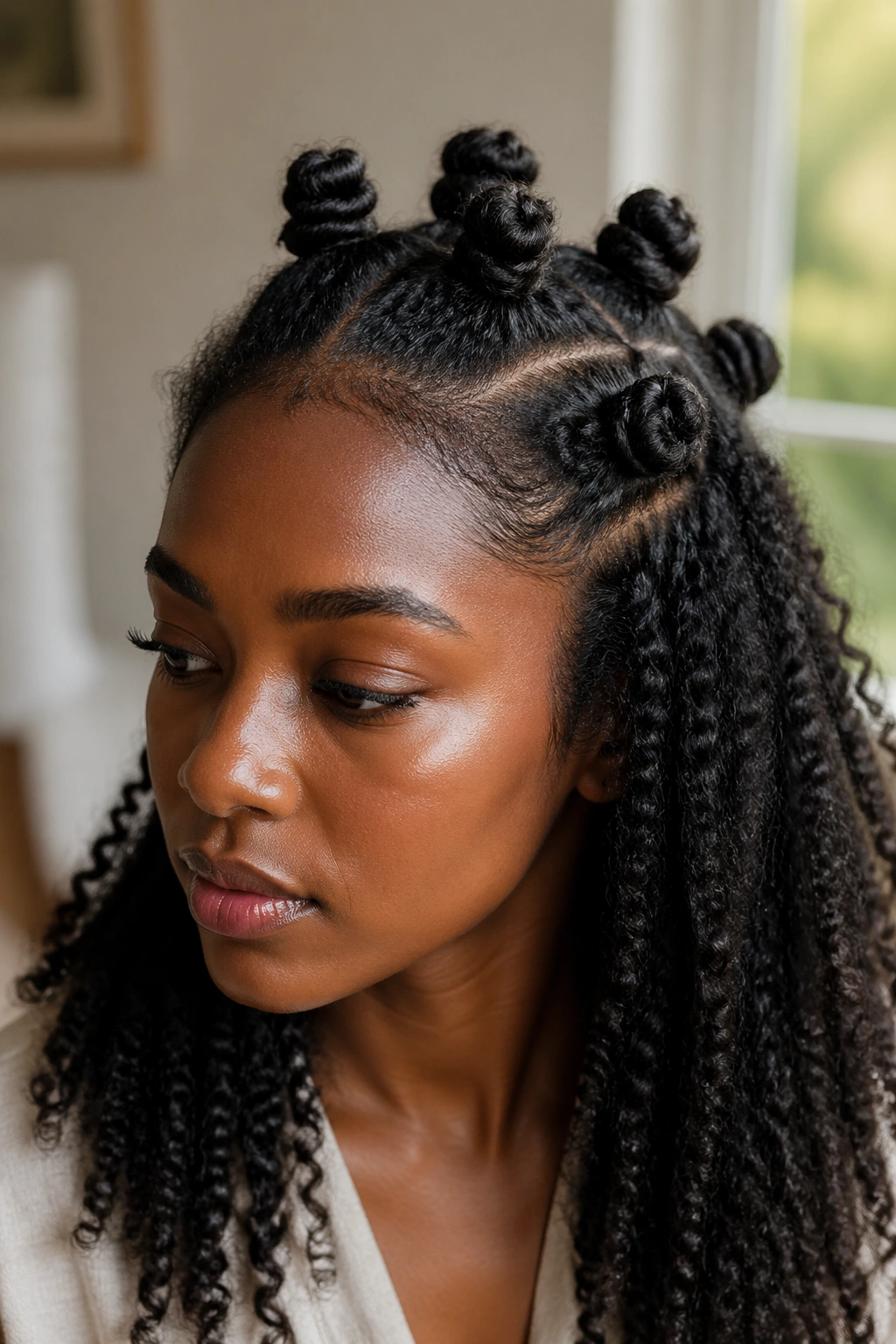 Close-up of a real person showing top bantu knots with rest of hair down