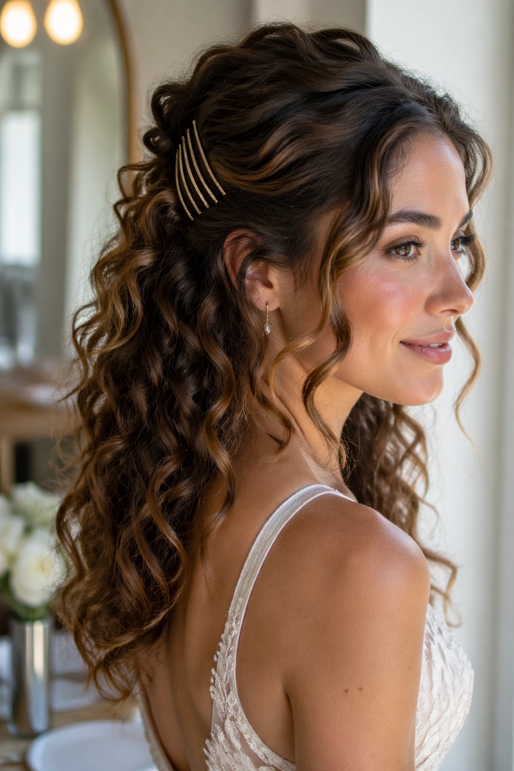 Close-up portrait of a real woman wearing half-up with a barrette stack and loose curls