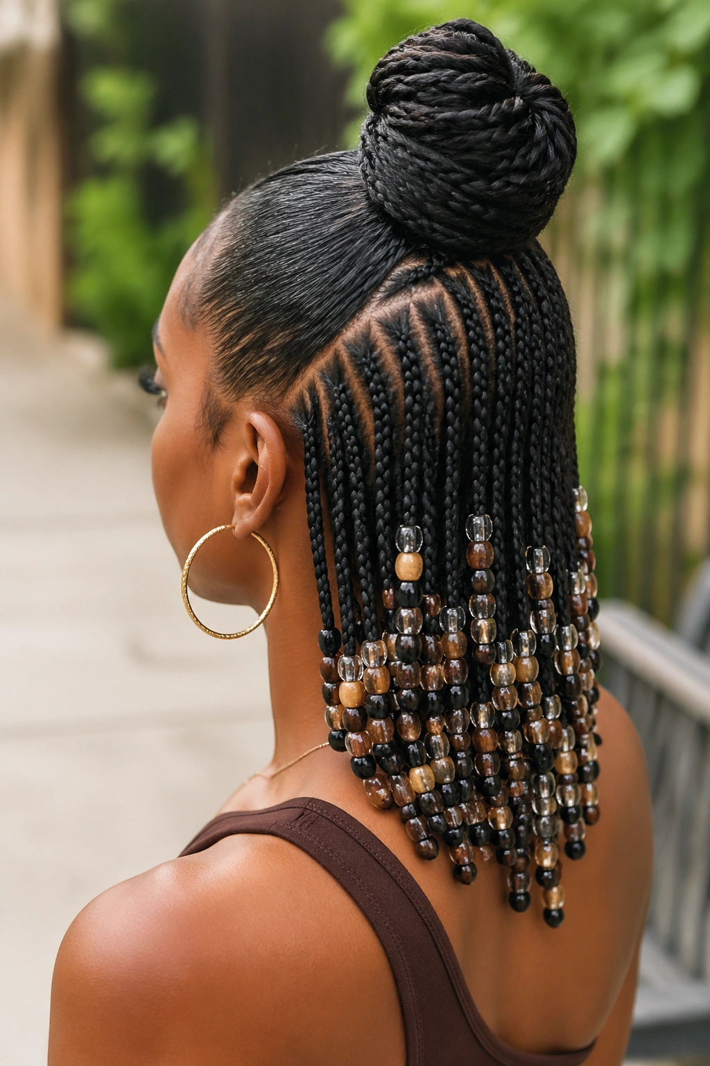 Rear view of a real person with beaded cornrows in a half-up bun
