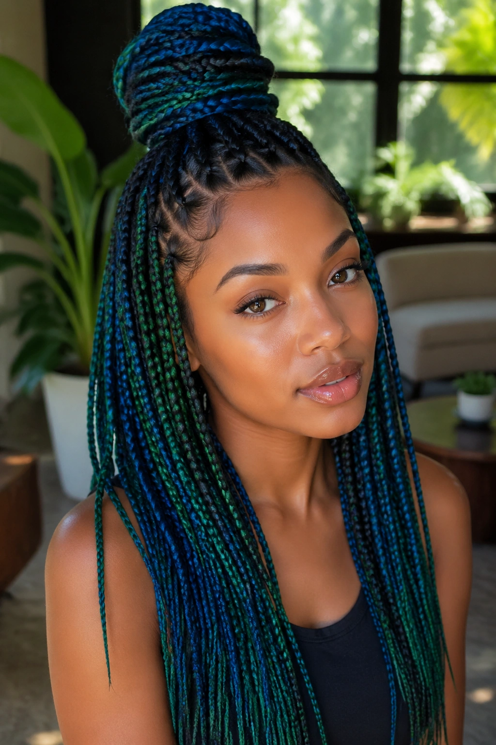 Real person with half-up blue and green box braids showing the top knot.
