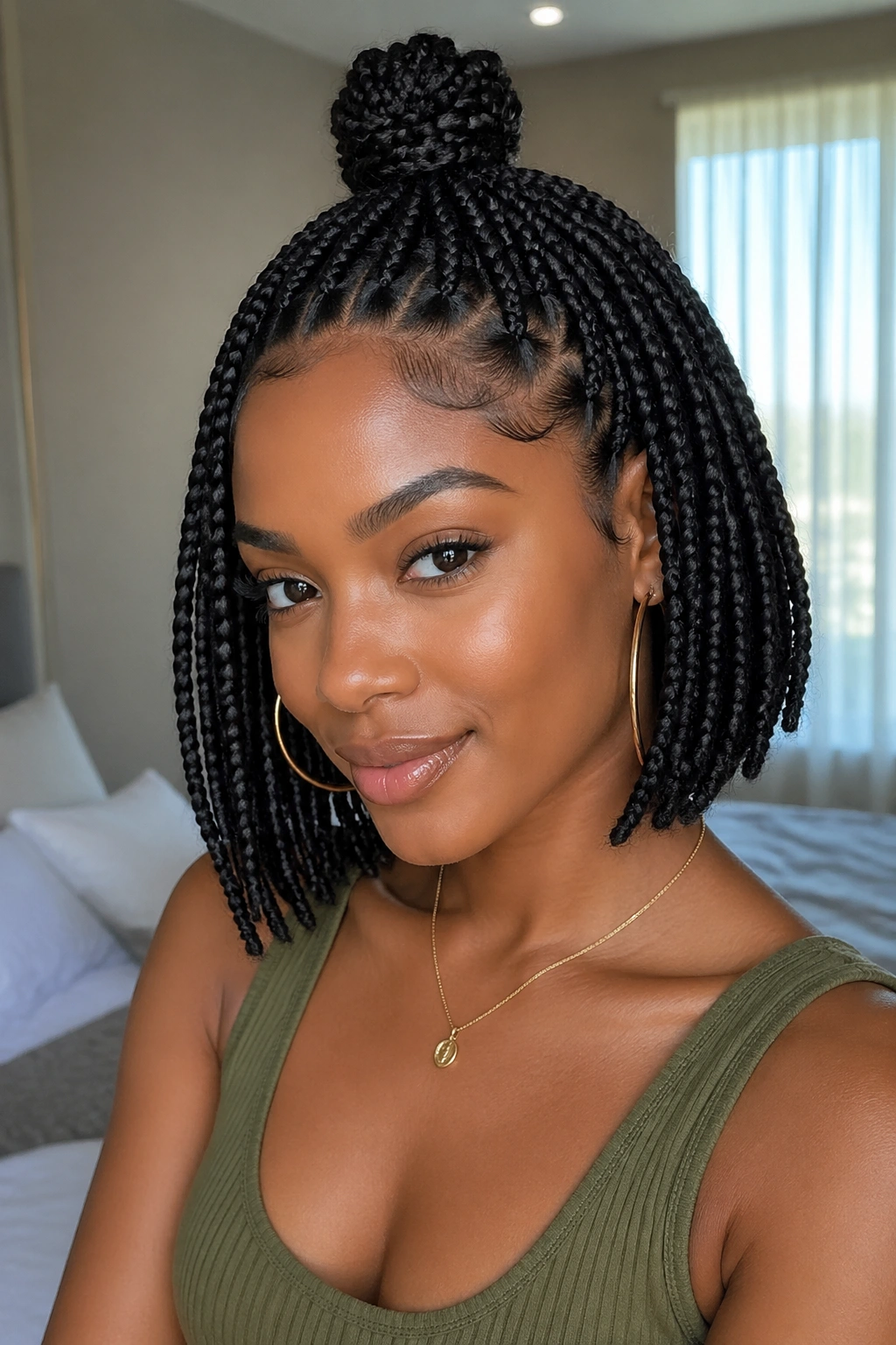 Real woman with half-up bob-length box braids showing top knot above crown and chin-length lower braids.