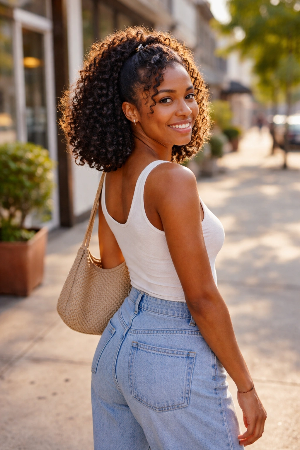Half-up curly bob on a sunlit city sidewalk.