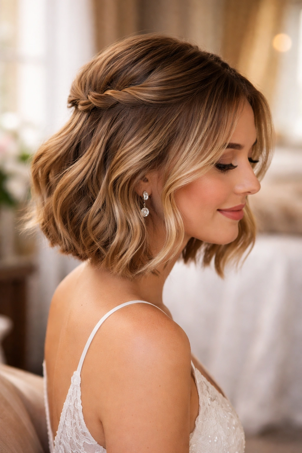 Close-up portrait of a real woman wearing a half-up bob with a mini twist in a bridal suite using warm window light