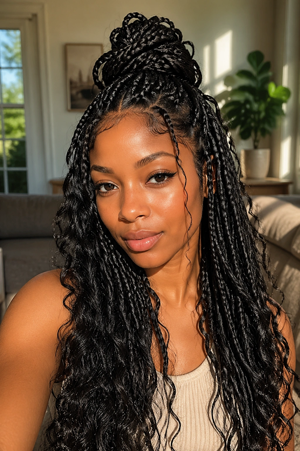 Real woman with half-up, half-down boho box braids in a sunlit room