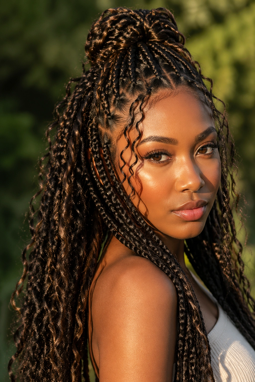 Close-up portrait of a real woman with half-up half-down boho box braids in golden hour light