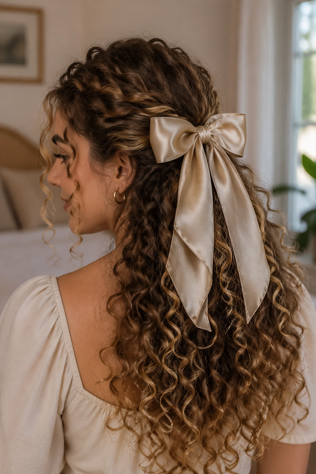 Close-up of a real woman with a half-up satin bow hairstyle on curly hair in a bedroom.