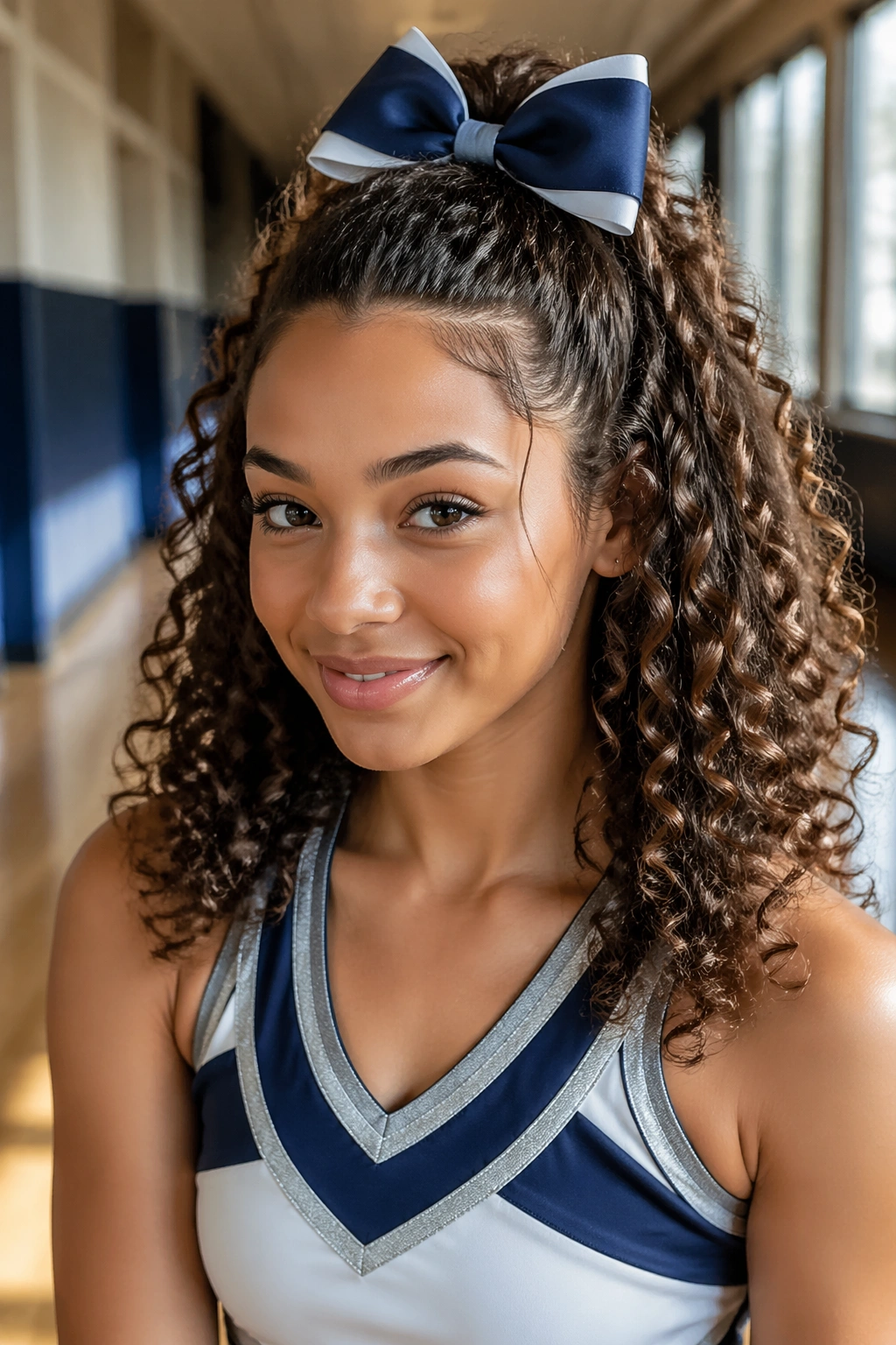 Close-up of a cheerleader with a half-up hairstyle and bow