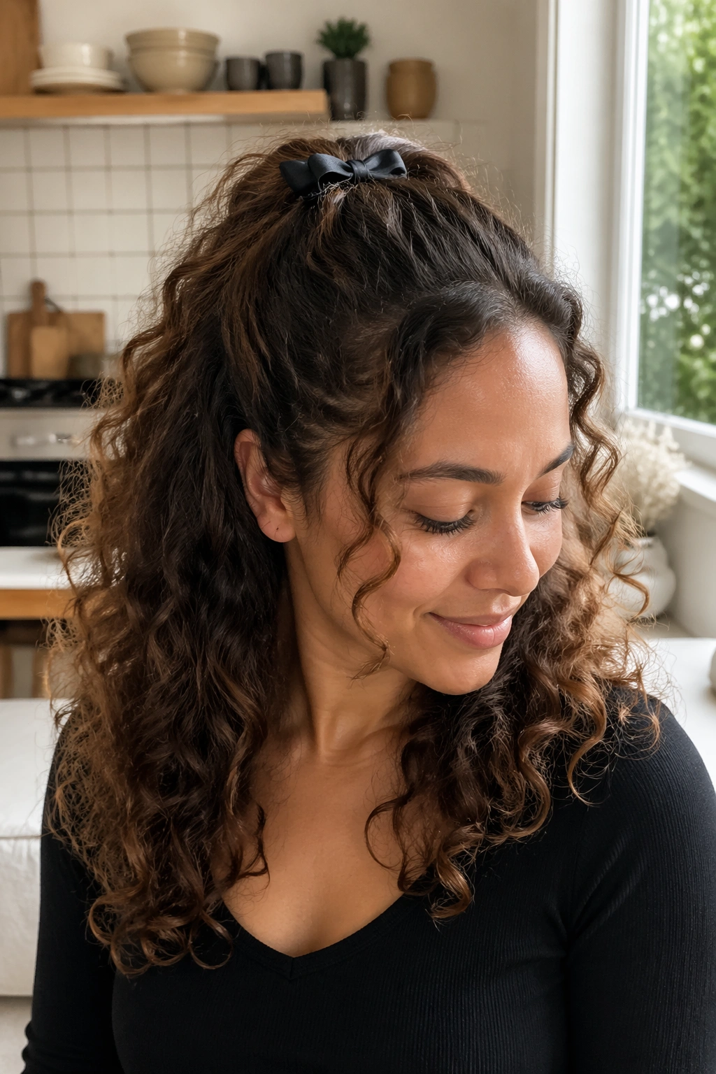 Real woman with half-up ponytail and mini bow over the elastic