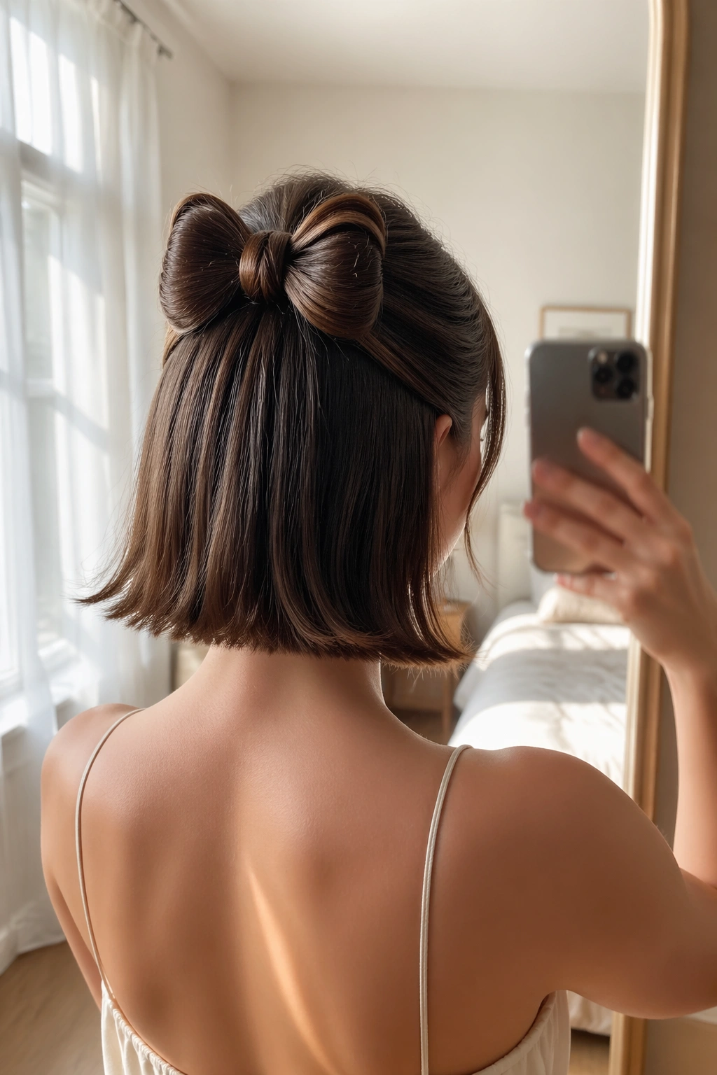 Short bob half-up bow hairstyle seen in mirror selfie.