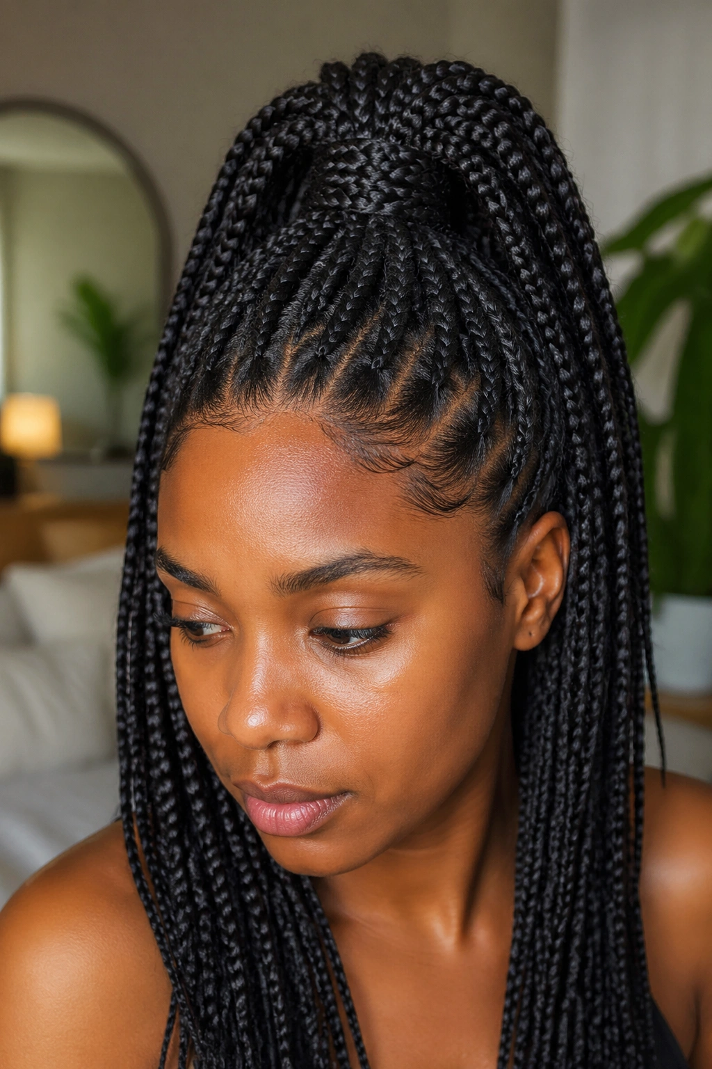 Close-up of a woman with a half-up box braid ponytail.